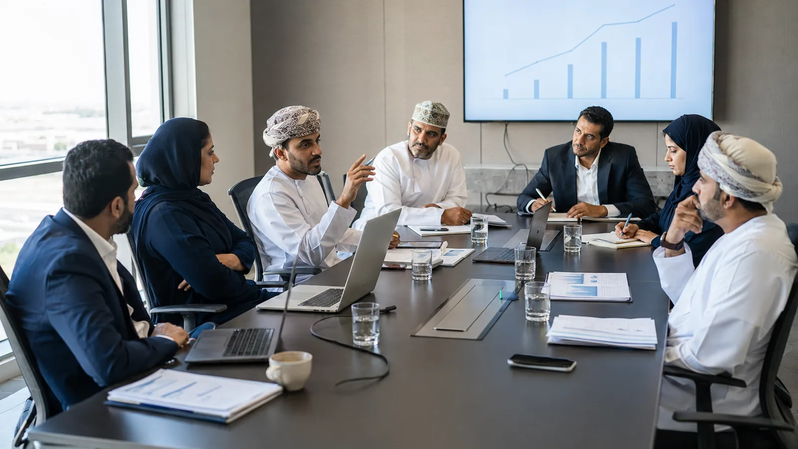 Omani leadership team in a boardroom performance review