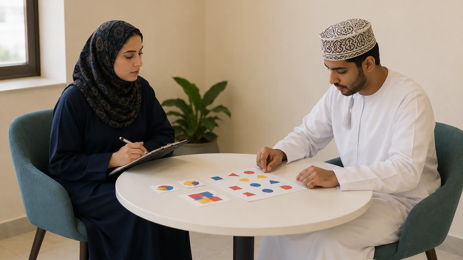 One-to-one cognitive assessment session with pattern cards