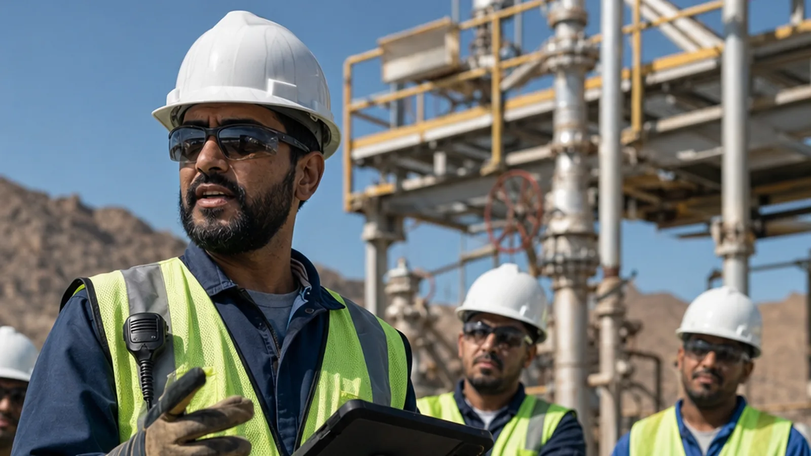 Safety and operations briefing at an oil and gas facility in Oman