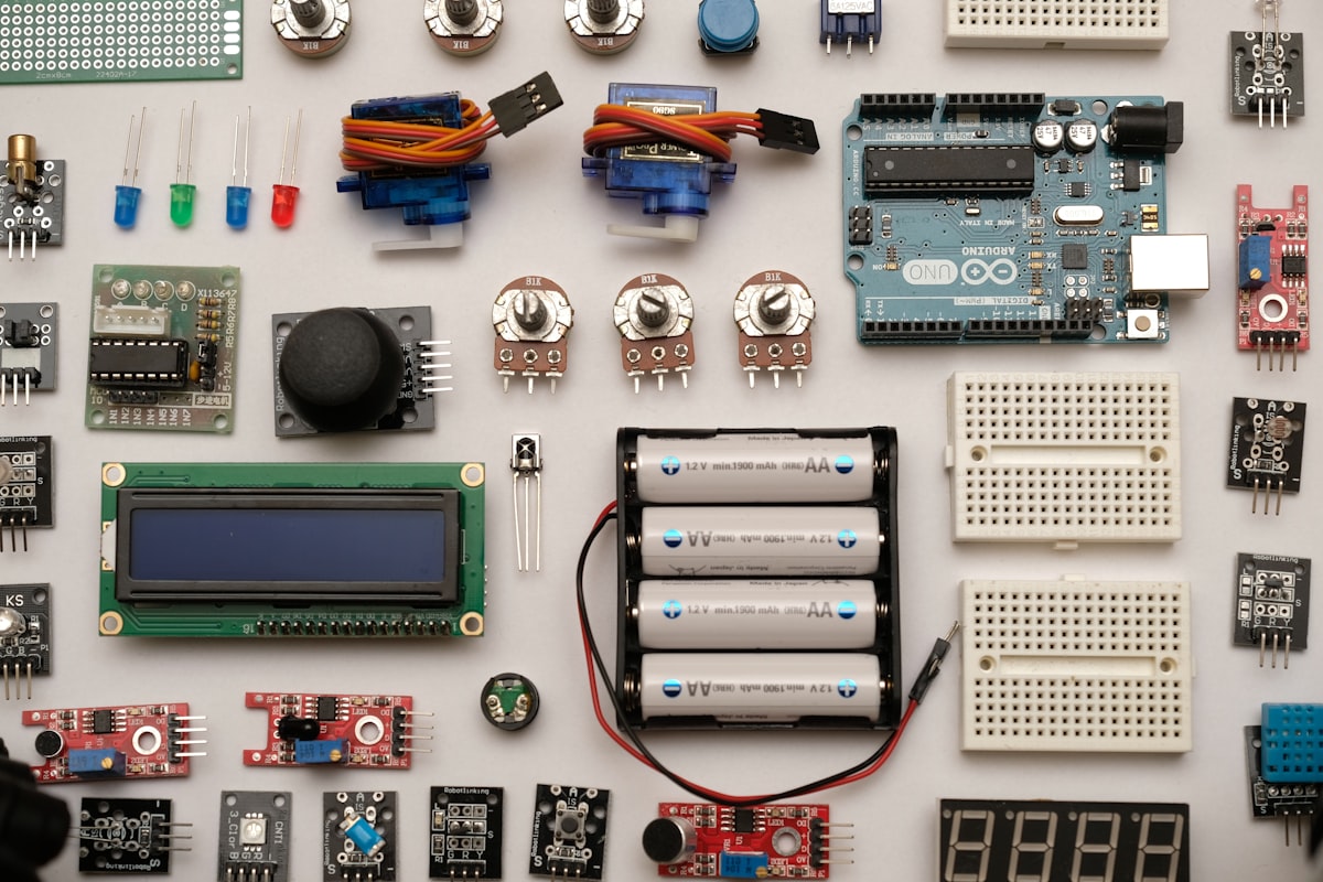 An Arduino electronics kit on a workbench
