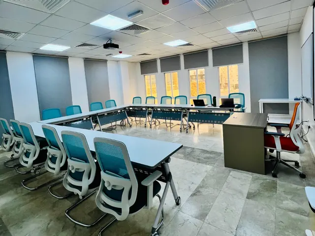 Boardroom-style training room set for a corporate group
